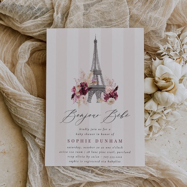 Bonjour Bébé Blush Stripe Paris Baby Shower Invitation (Creator Uploaded)