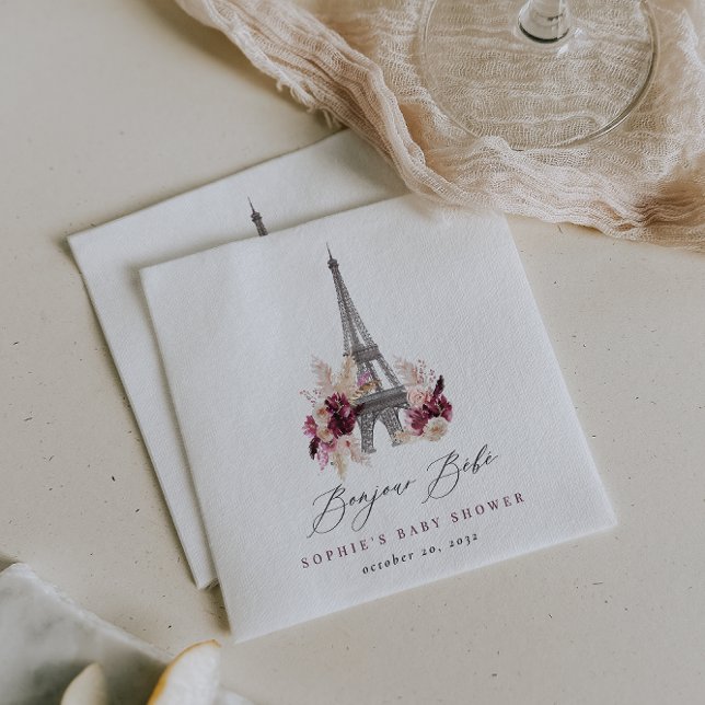 Bonjour Bébé Burgundy Floral Paris Baby Shower Napkins (Creator Uploaded)