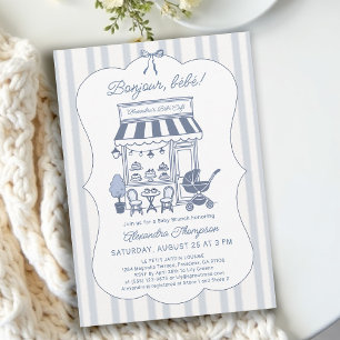 Bonjour Bebe Coffee Brunch Dusty Blue Baby Shower Invitation