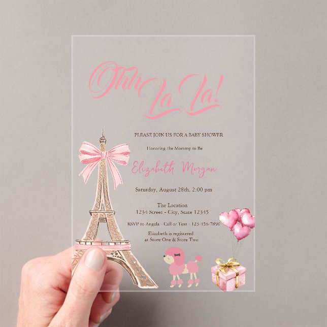 Bonjour Bébé Eiffel Tower Bow Striped Baby Shower Acrylic Invitations (Insitu (Handheld))