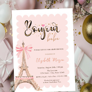 Bonjour Bébé Eiffel Tower Bow Striped Baby Shower Invitation