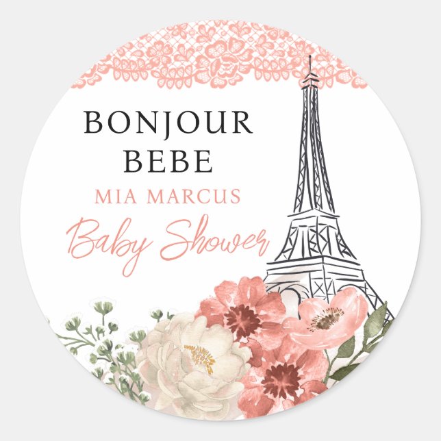 Bonjour Bebe Eiffel Tower Paris Baby Shower Classic Round Sticker (Front)