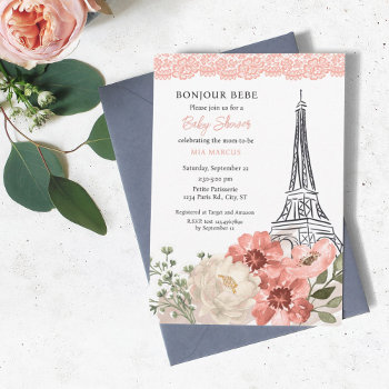 Bonjour Bebe Eiffel Tower Paris Baby Shower Invitation by marlenedesigner at Zazzle