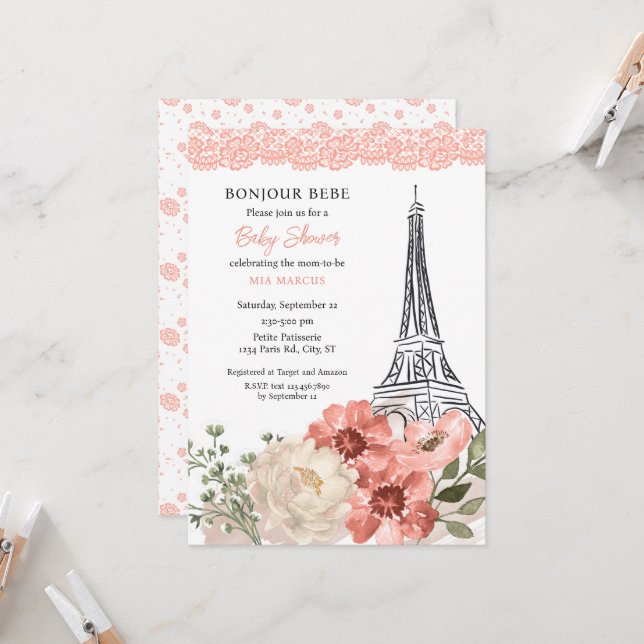 Bonjour Bebe Eiffel Tower Paris Baby Shower Invitation (Front/Back In Situ)