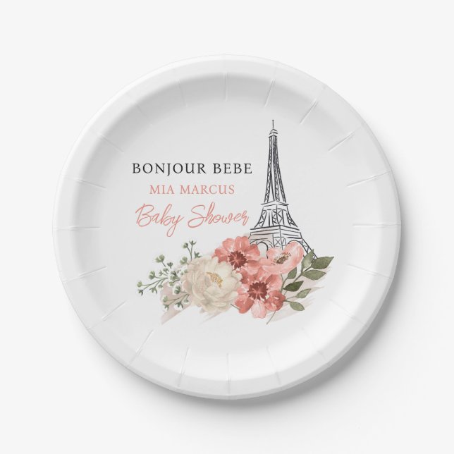 Bonjour Bebe Eiffel Tower Paris Baby Shower Paper Plates (Front)