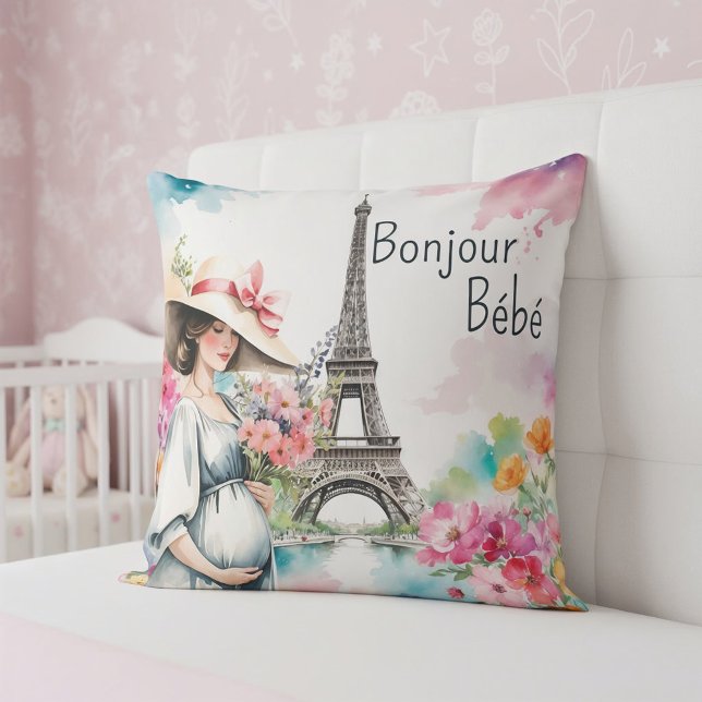 Bonjour Bebe Floral Eiffel Tower Paris Baby Shower Throw Pillow (Creator Uploaded)