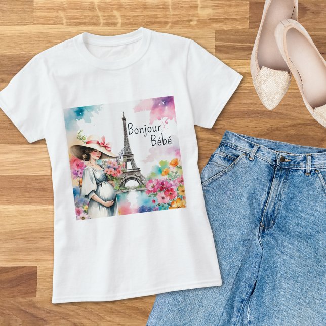 Bonjour Bebe Floral Eiffel Tower Paris Mom To Be T-Shirt (Creator Uploaded)