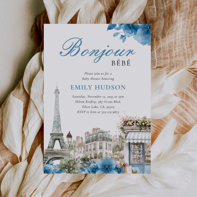 Bonjour Bebe French Blue Baby Shower Invitation (Creator Uploaded)