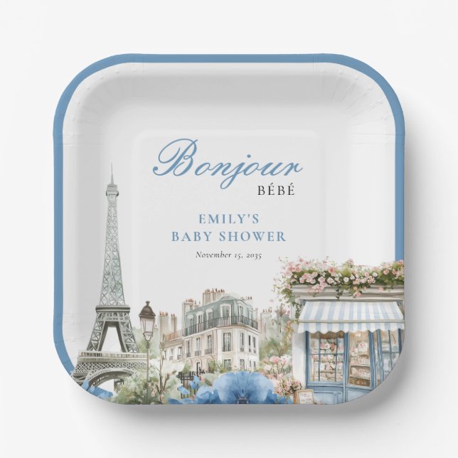 Bonjour Bebe French Blue Baby Shower Paper Plates (Front)