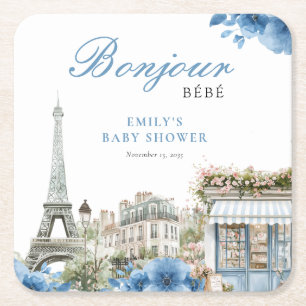 Bonjour Bebe French Blue Baby Shower Square Paper Coaster