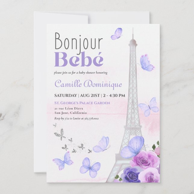 Bonjour Bebé French Eiffel Lavender Butterflies Invitation (Front)
