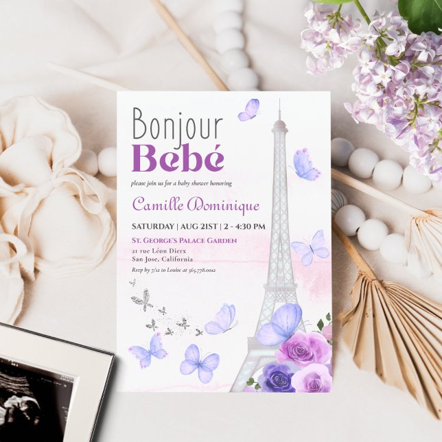 Bonjour Bebé French Eiffel Lavender Butterflies Invitation (Creator Uploaded)