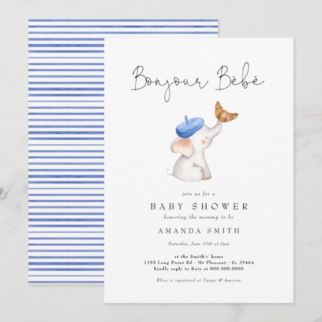 Bonjour Bebe French Elephant Baby Boy Shower Blue Invitation (Front/Back)