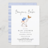 Bonjour Bebe French Elephant Baby Boy Shower Blue Invitation