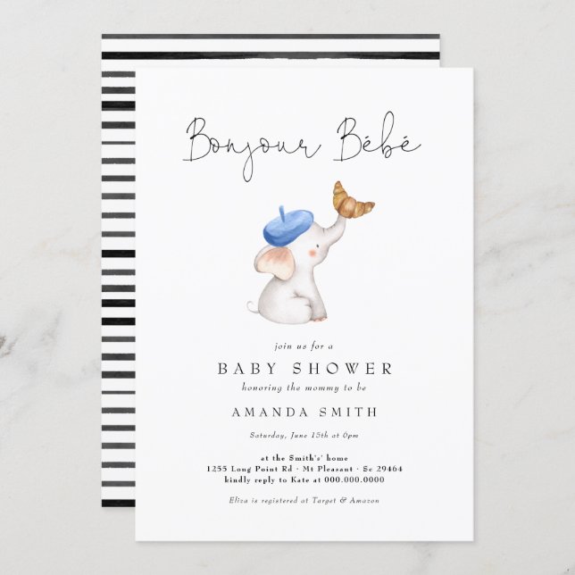 Bonjour Bebe French Elephant Baby Boy Shower Invitation (Front/Back)
