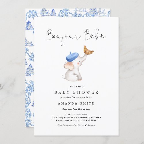 Bonjour Bebe French Elephant Baby Boy Shower Toile Invitation