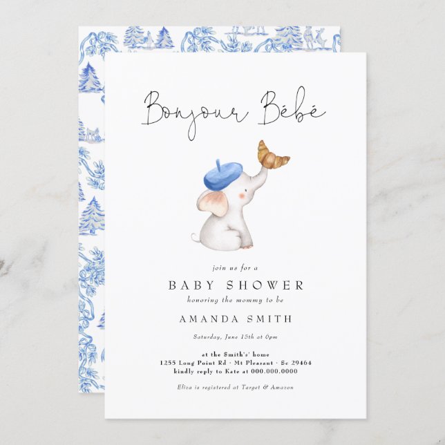 Bonjour Bebe French Elephant Baby Boy Shower Toile Invitation (Front/Back)