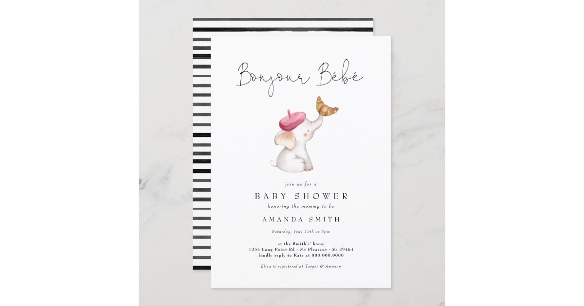 Bonjour Bebe French Elephant Baby Girl Shower Invitation Zazzle Com