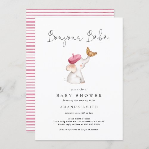 Bonjour Bebe French Elephant Baby Girl Shower Pink Invitation