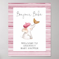 Bonjour Bebe French Elephant Welcome Baby Shower Poster