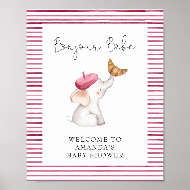 Bonjour Bebe French Elephant Welcome Baby Shower Poster (Front)