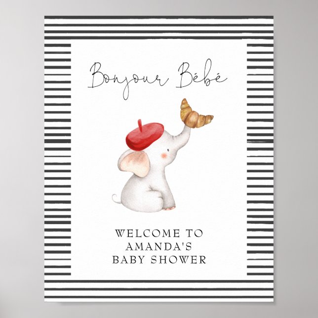 Bonjour Bebe French Elephant Welcome Baby Shower  Poster (Front)