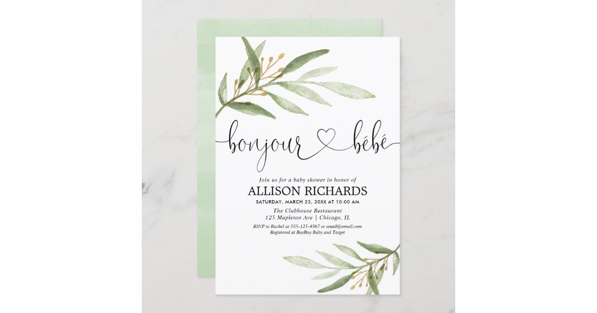 Bonjour Bebe French Greenery Gold Gender Neutral Invitation Zazzle Com