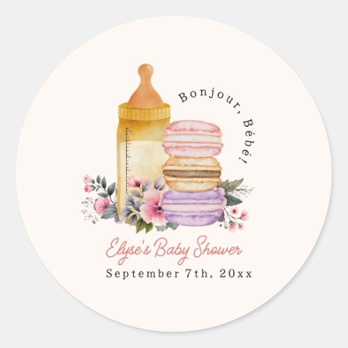 Bonjour Bb French Macarons  Milk Baby Shower Classic Round Sticker