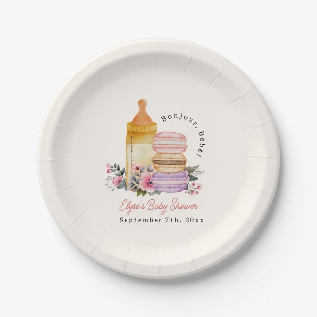 Bonjour Bébé French Macarons & Milk Baby Shower Paper Plates (Front)