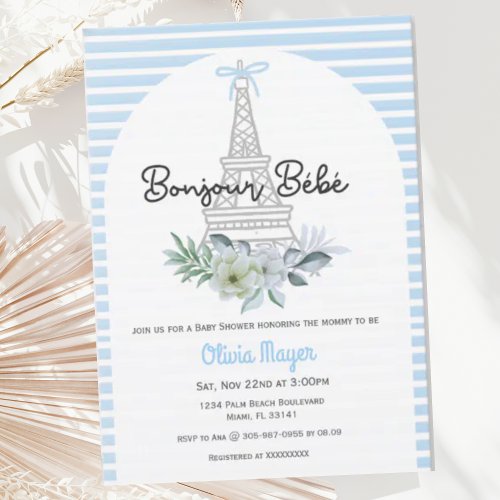 Bonjour Bebe French Paris Blue Boy Baby Shower Invitation
