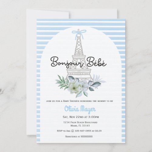 Bonjour Bebe French Paris Blue Boy Baby Shower Invitation