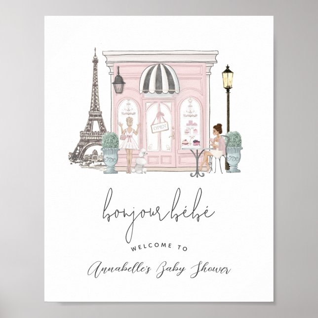 Bonjour Bébé French Paris Cafe Baby Shower Welcome Poster (Front)
