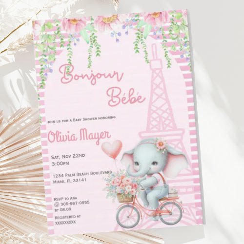 Bonjour Bebe French Paris Elephant Baby Shower Invitation