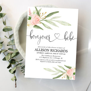 Bonjour bebe French Paris floral girl baby shower Invitation