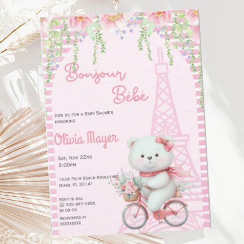 Bonjour Bebe French Paris Pink Bear Baby Shower Invitation