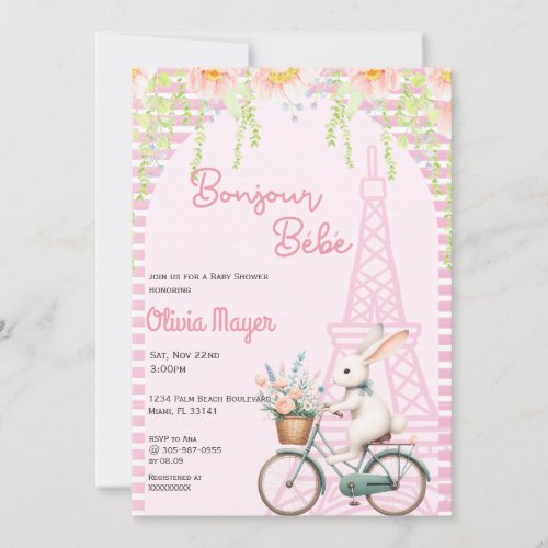 Bonjour Bebe French Paris Pink Bunny Baby Shower Invitation