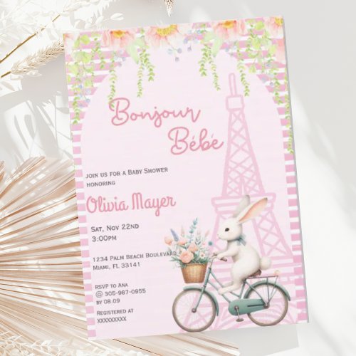 Bonjour Bebe French Paris Pink Bunny Baby Shower Invitation