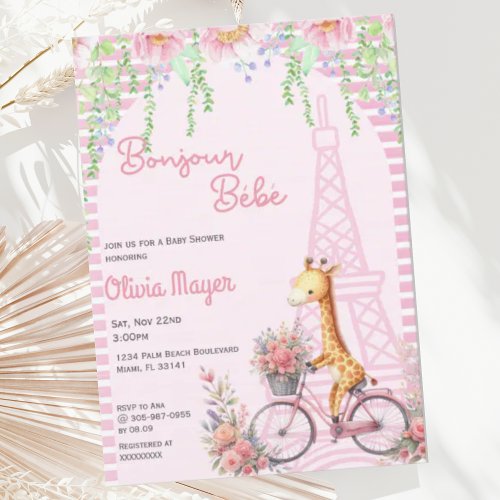 Bonjour Bebe French Paris Pink Giraffe Baby Shower Invitation