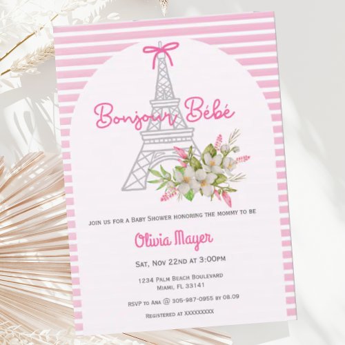 Bonjour Bebe French Paris Pink Girl Baby Shower Invitation