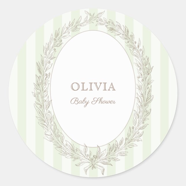 Bonjour Bebe French Patisserie Green Stripe Classic Round Sticker (Front)