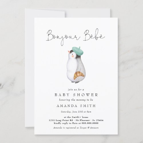Bonjour Bebe French Penguin Neutral Baby Shower  Invitation