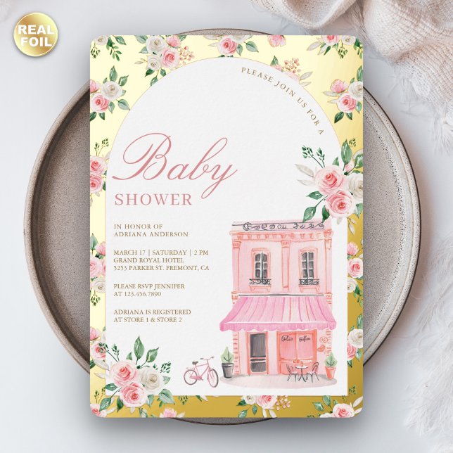 Bonjour Bebe French Pink Parisian Cafe Baby Shower Foil Invitation (Creator Uploaded)