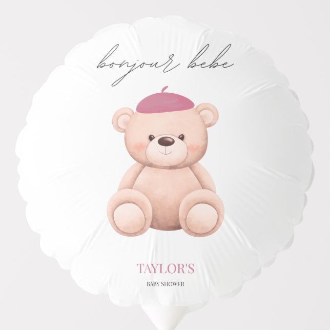 Bonjour Bebe French Watercolor Bear Baby Shower Balloon (Front)