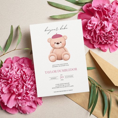 Bonjour Bebe French Watercolor Bear Baby Shower In Invitation