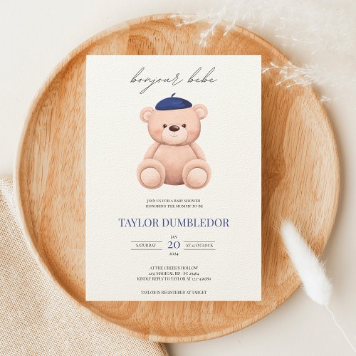 Bonjour Bebe French Watercolor Bear Baby Shower Invitation