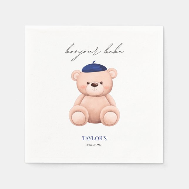 Bonjour Bebe French Watercolor Bear Baby Shower Napkins (Front)