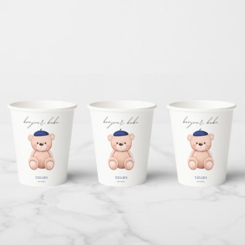 Bonjour Bebe French Watercolor Bear Baby Shower Paper Cups