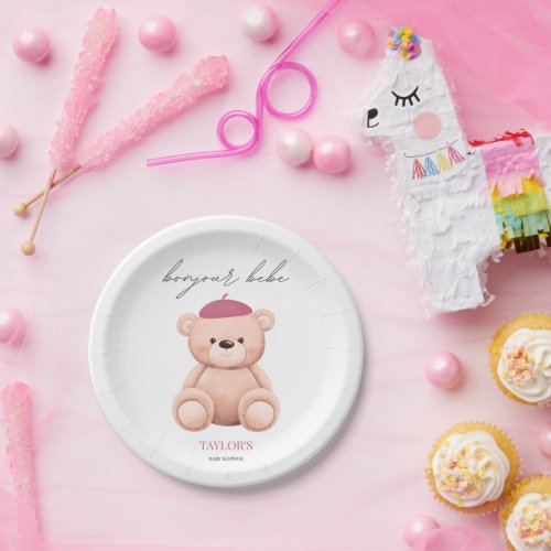 Bonjour Bebe French Watercolor Bear Baby Shower Paper Plates