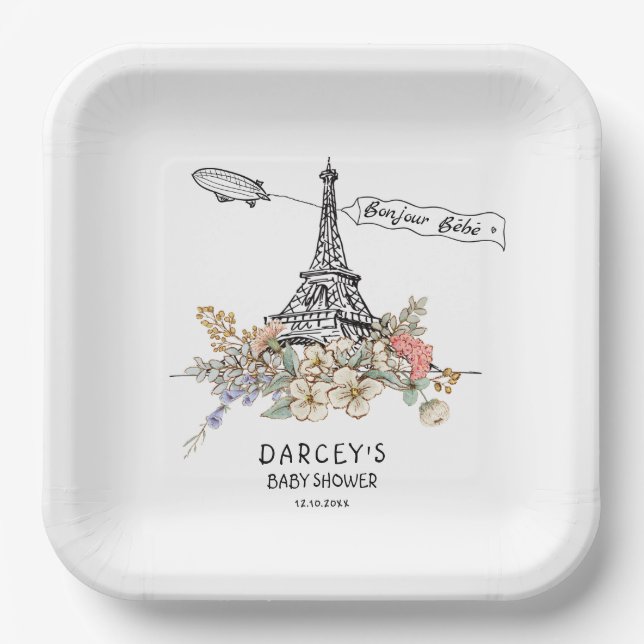 Bonjour Bebe Gender Neutral Baby Shower Paper Plates (Front)