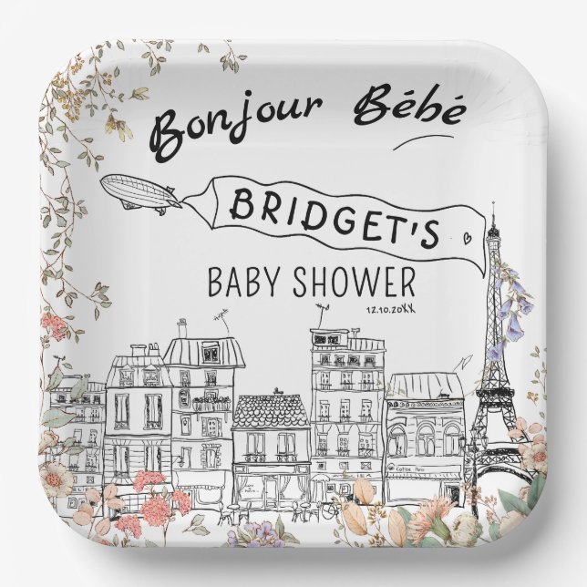 Bonjour Bebe Gender Neutral Baby Shower Paper Plates (Front)